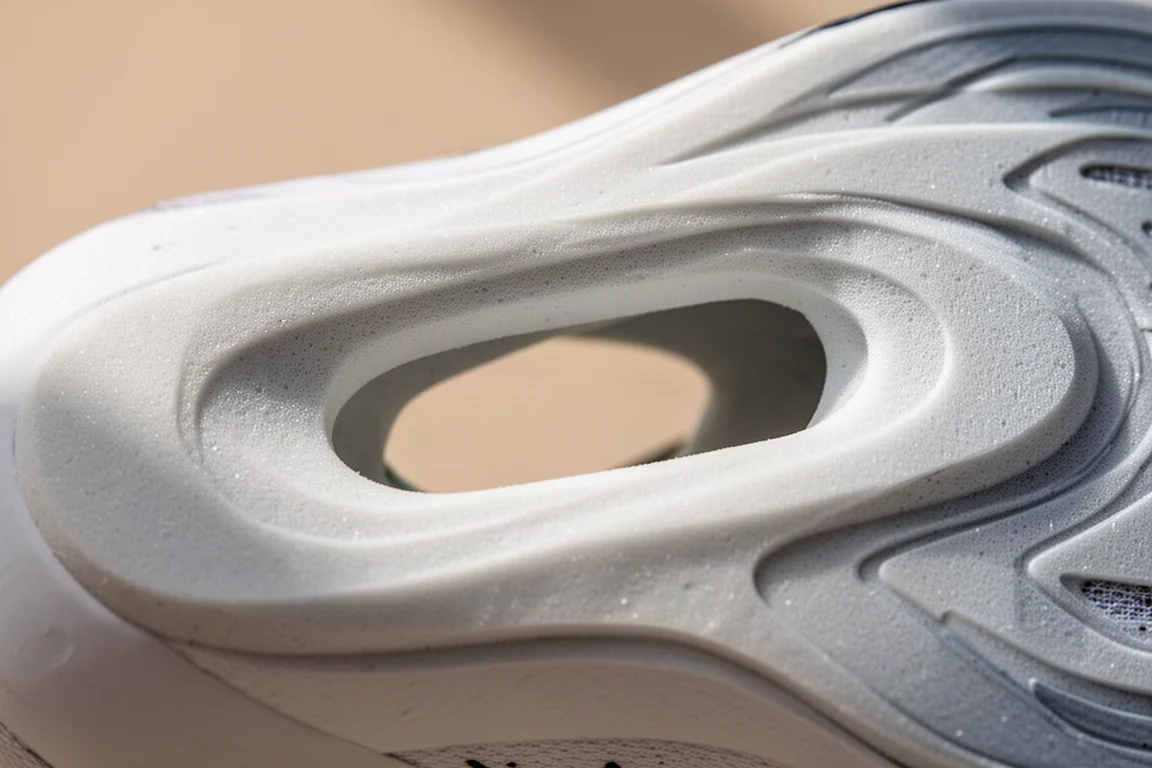Close-up of a sculpted carbon plate midsole showing the midfoot cutout