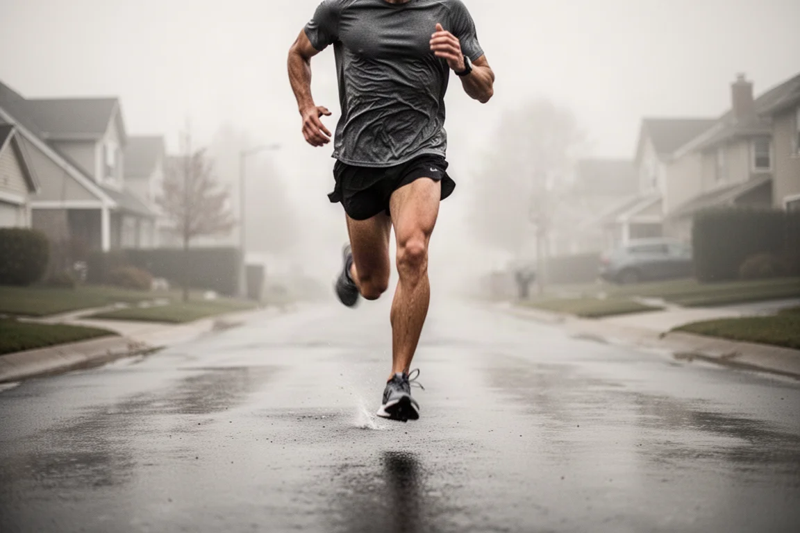 Runner surging through a fast tempo interval on wet roads