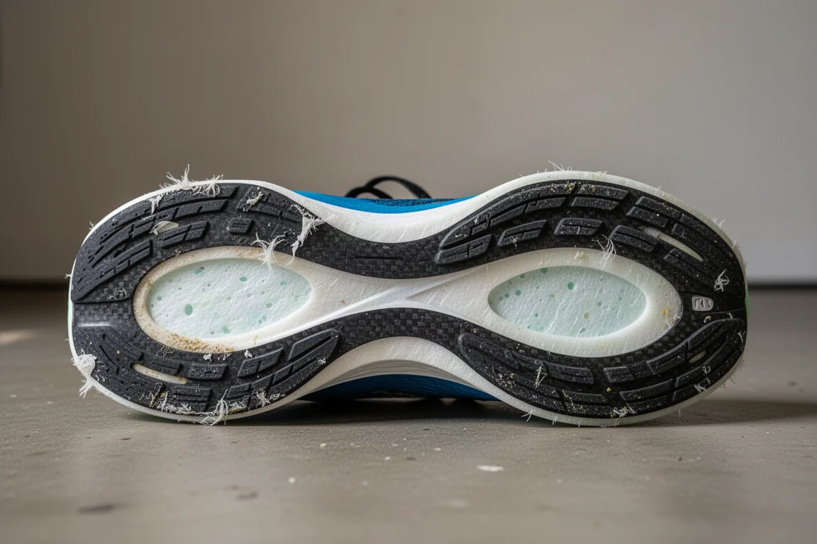 Worn racing shoe outsole after 100 miles showing rubber wear and paint chipping