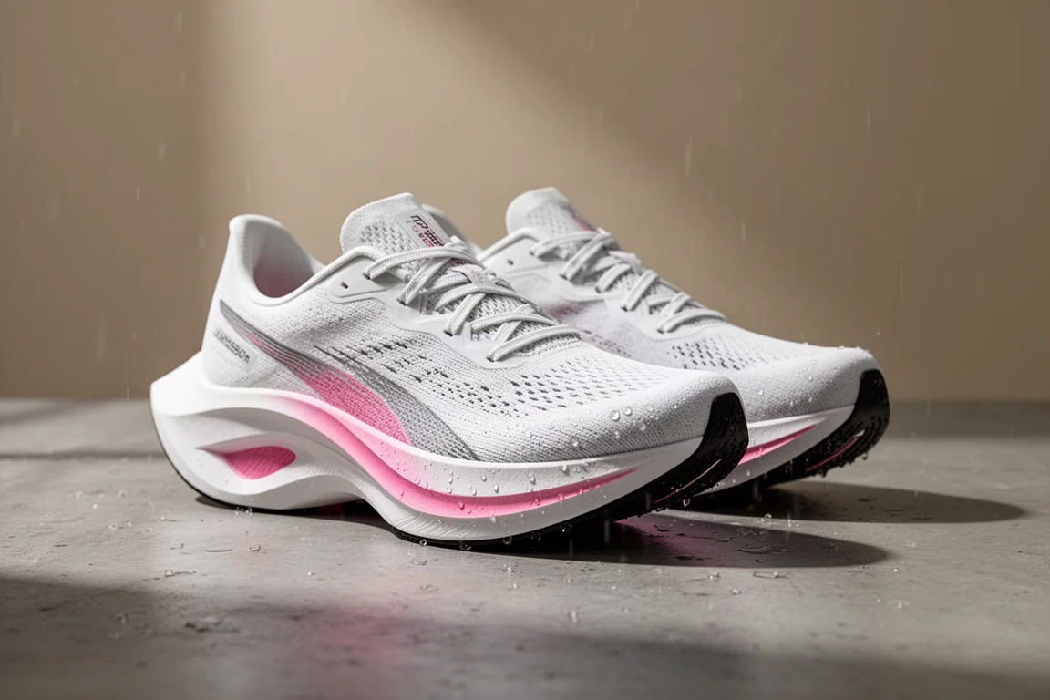 Puma Fast R3 racing shoes on wet concrete in soft morning light