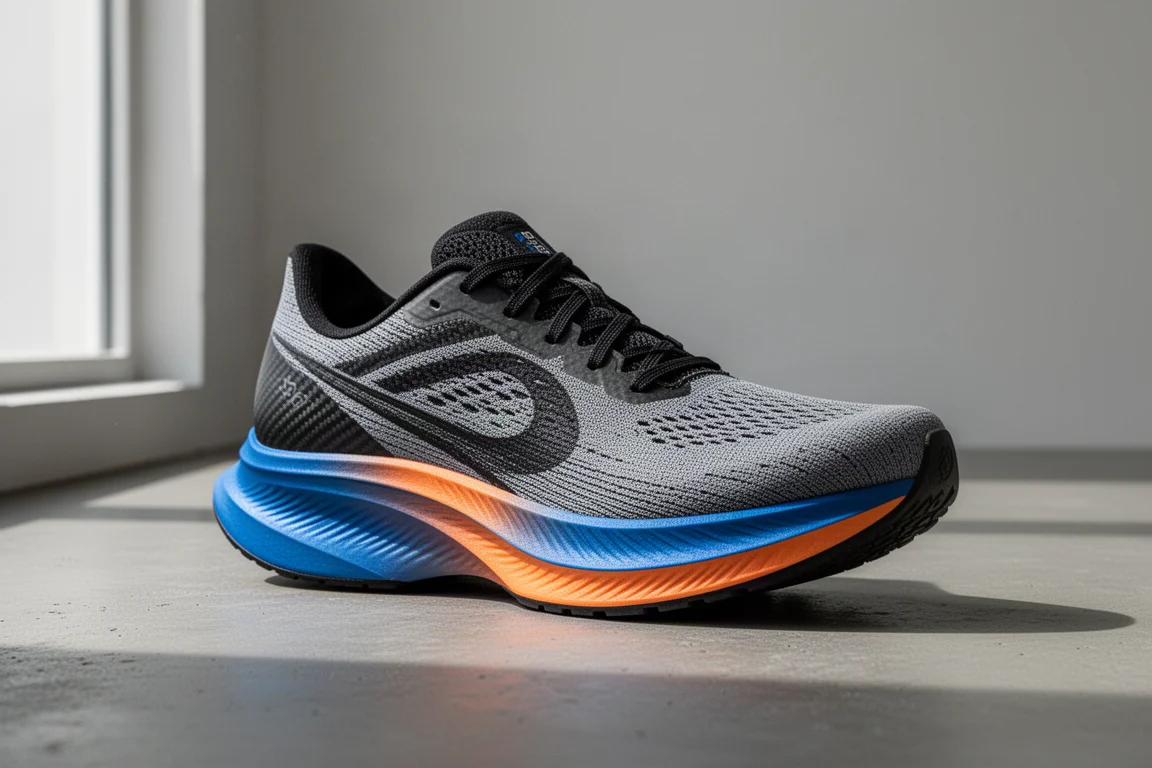 Bright orange carbon-plated racing shoes on a concrete surface