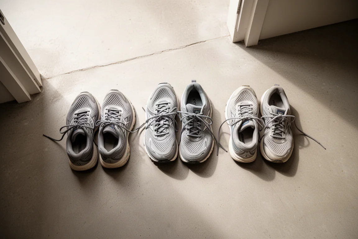Tres pares de zapatillas de running alineadas sobre un suelo de hormigón