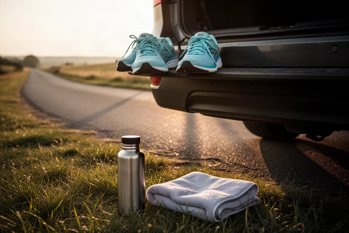 Zapatillas de running sobre un parachoques de coche junto a una carretera rural en la hora dorada