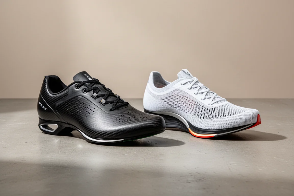 Due scarpe da gara con placca in carbonio affiancate su una superficie di cemento