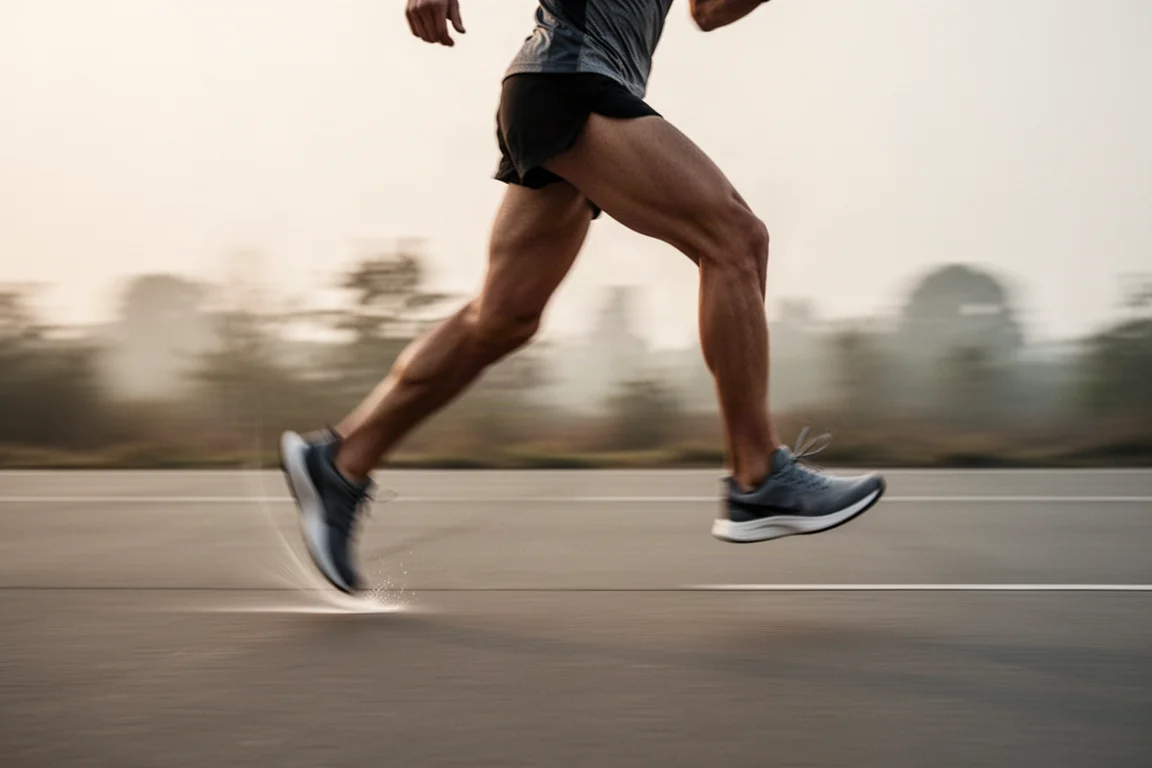 Corridore ad alta cadenza che corre su strada di asfalto pianeggiante