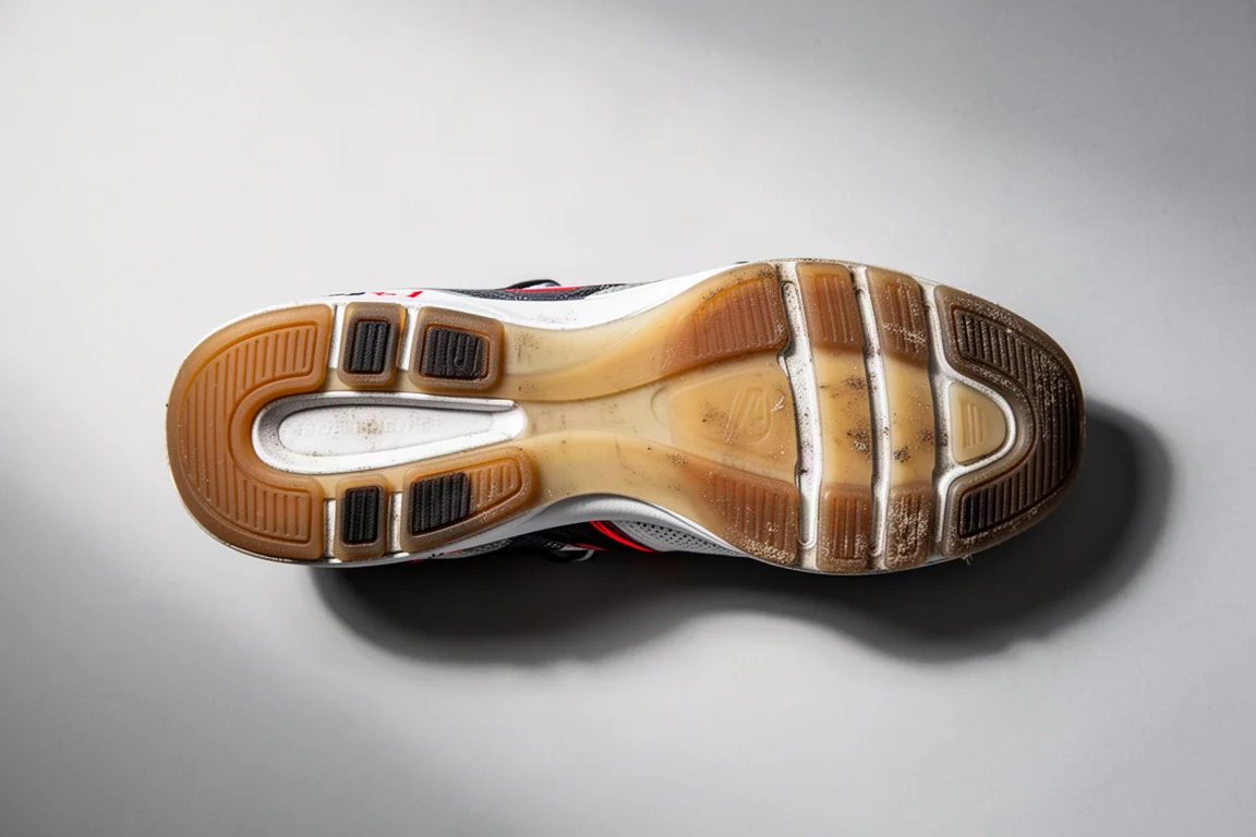 Primo piano dell'intersuola consumata di una scarpa da corsa che mostra la copertura in gomma