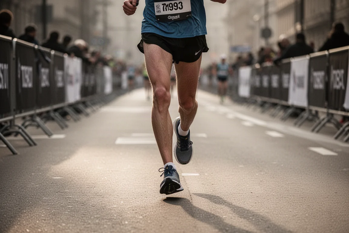 Corridore che arranca nelle fasi finali di una maratona su strada cittadina