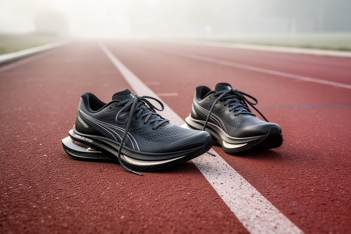 Hardloper die een paar high-stack hardloopschoenen vastrijgt op een atletiekbaan