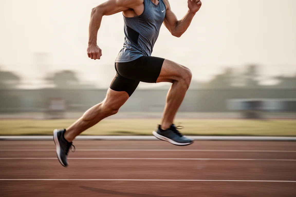 Atleet die hard sprint over een atletiekbaan in zacht licht