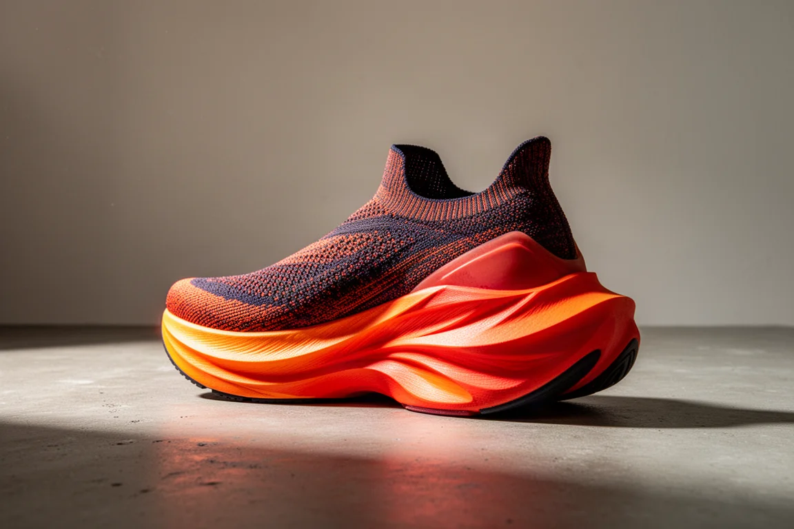 Orange high-stack laceless running shoe on matte concrete surface