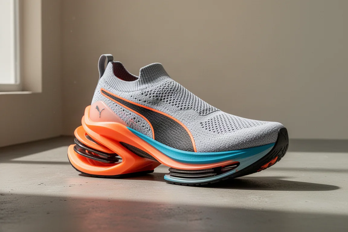 Puma Fast-RB racing shoe with tall sculpted midsole and laceless upper on concrete