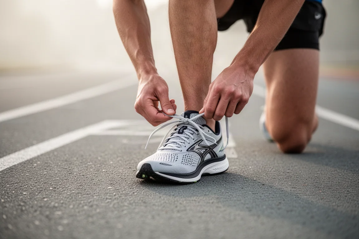 Hardloper strikt de veters van een raceschoen voor een baantraining