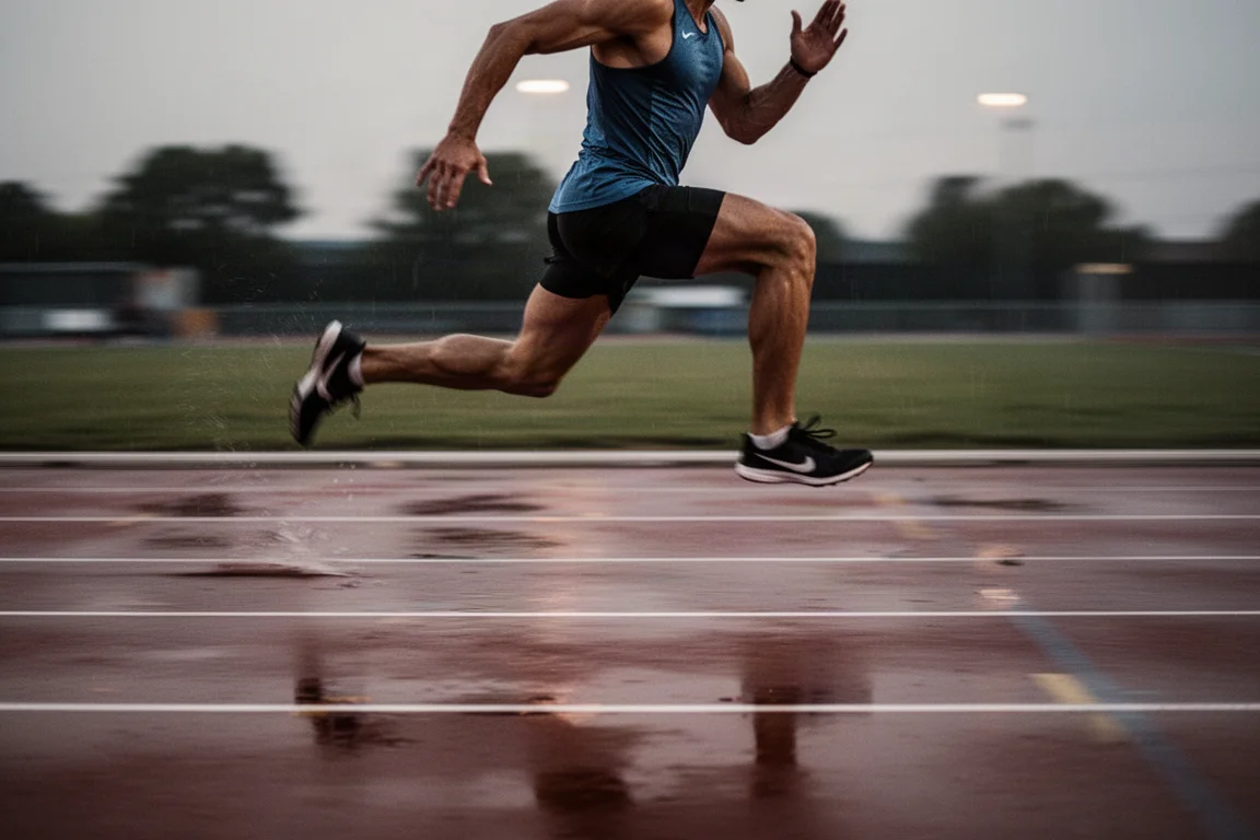 Atleet loopt snelle herhalingen op een natte all-weather atletiekbaan
