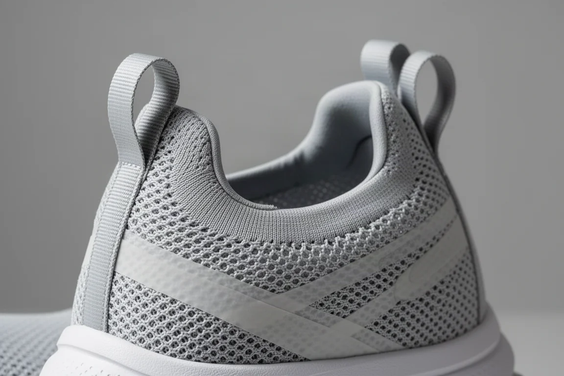 Gros plan d'une tige de chaussure de running en mesh fin et respirant avec deux languettes de tirage
