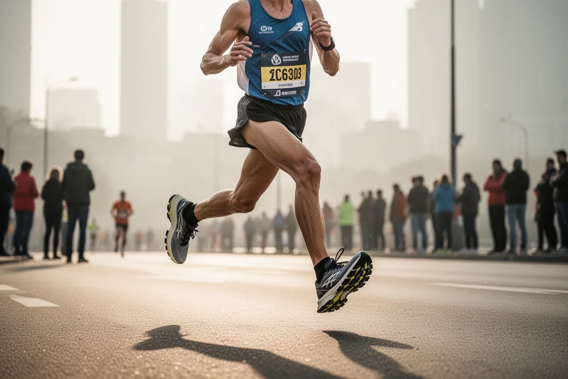 Coureur en plein semi-marathon sur des routes urbaines ouvertes