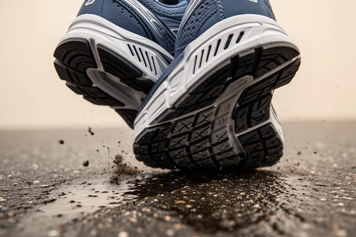 Laufschuh-Außensohle greift auf nasser Straßenoberfläche in einer engen Kurve