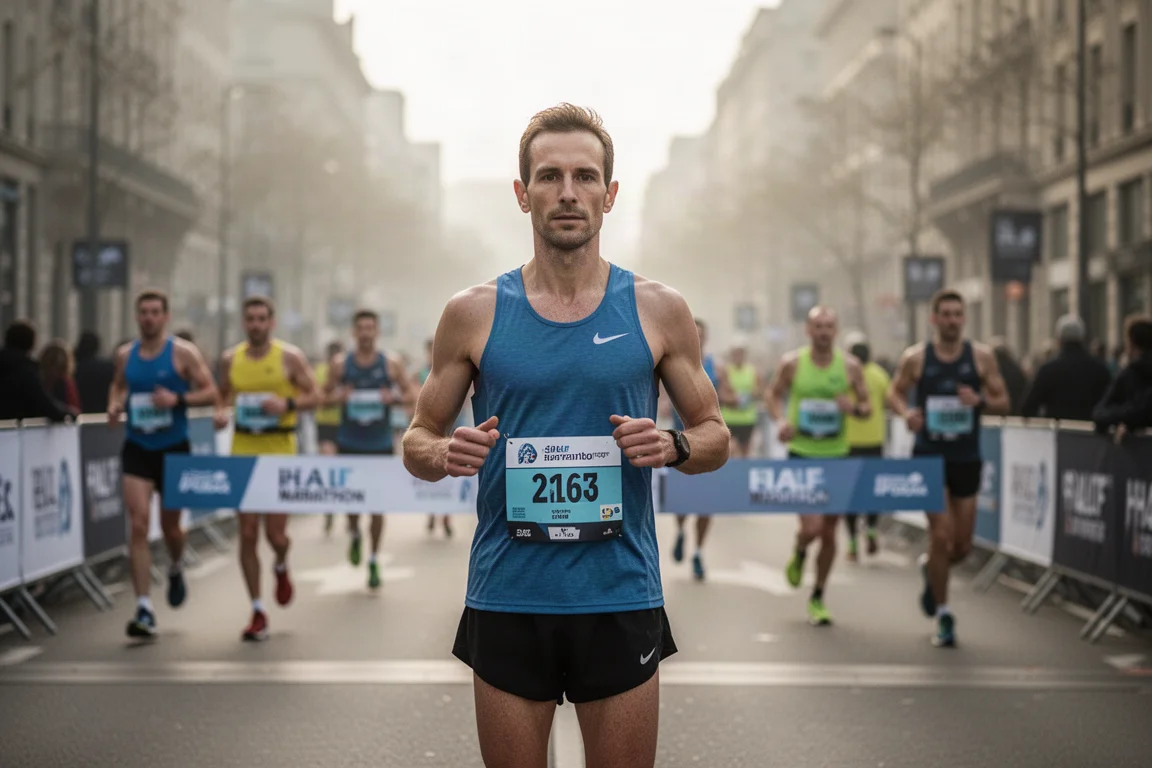 Runner at a half marathon start line in soft morning light