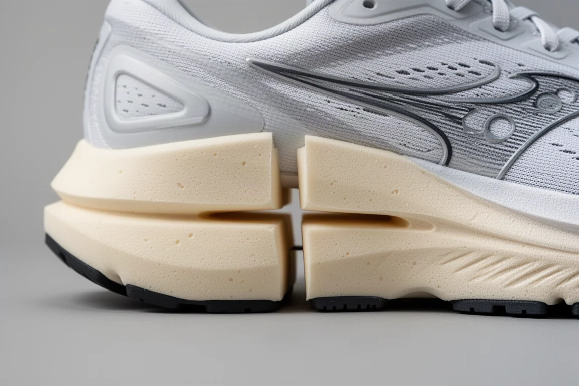 Close-up of a two-tone running shoe midsole showing firmer heel and softer forefoot