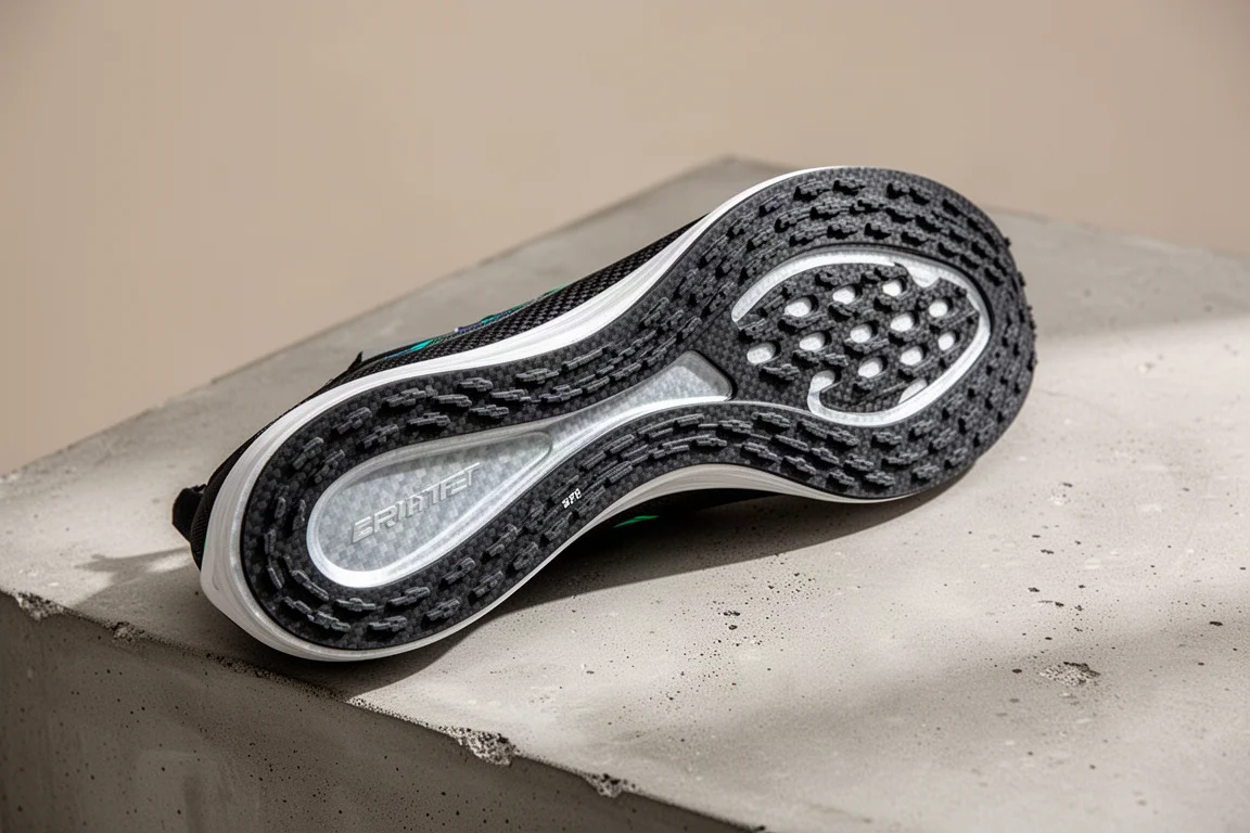 Carbon plate racing shoe outsole showing full rubber coverage