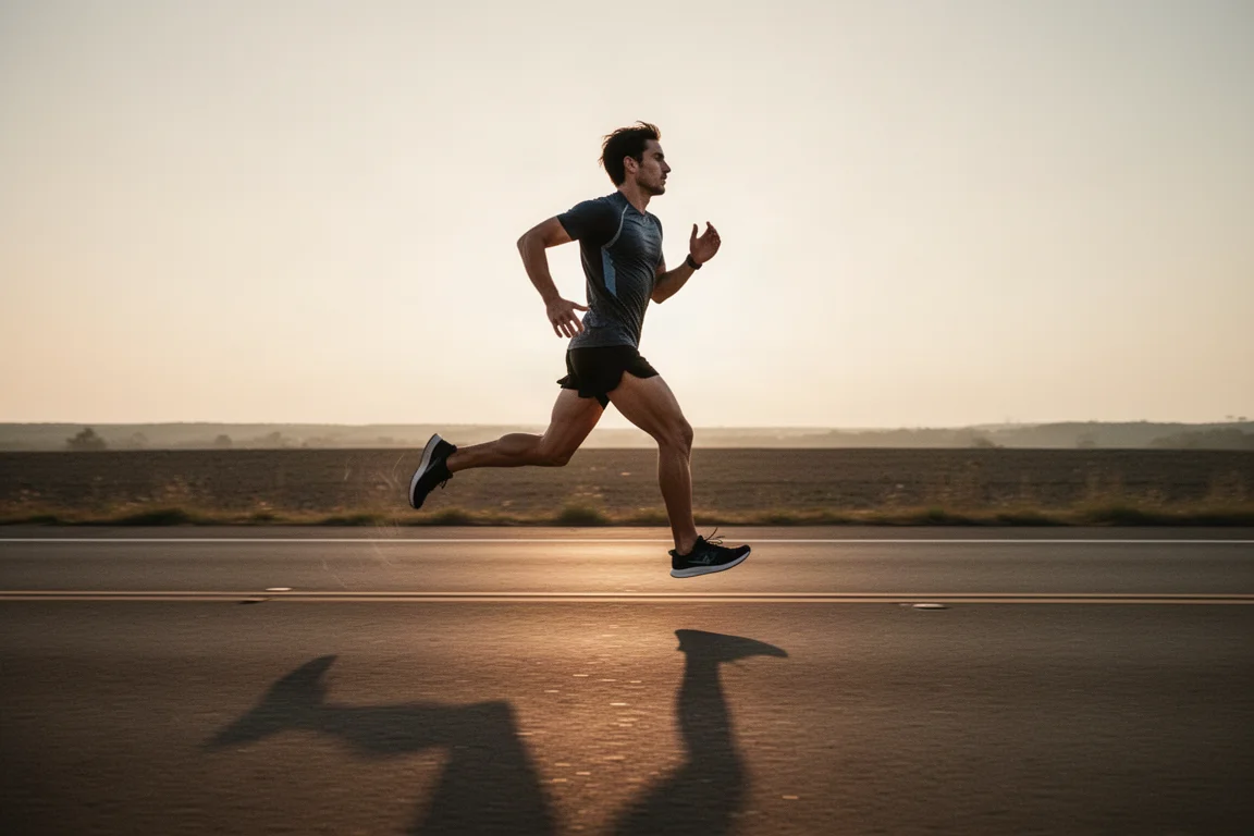 Runner holding a fast tempo pace on an open road at dusk