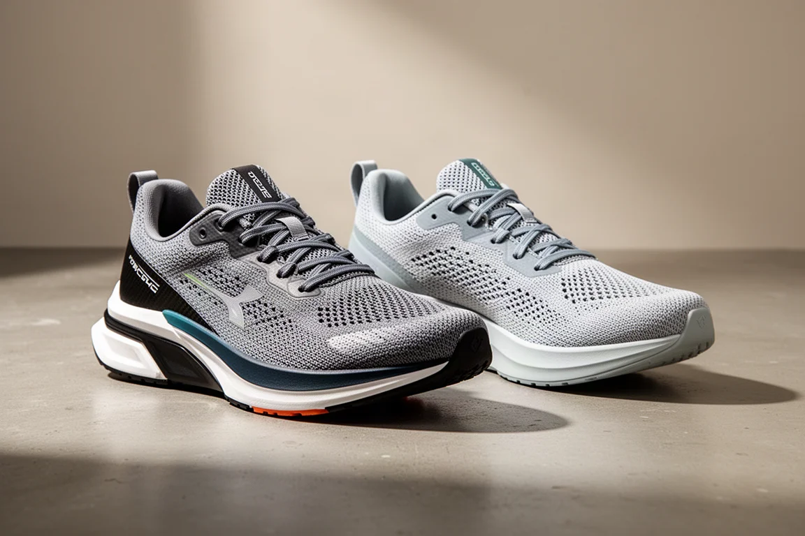 Two Puma carbon plate racing shoes side by side on a concrete surface
