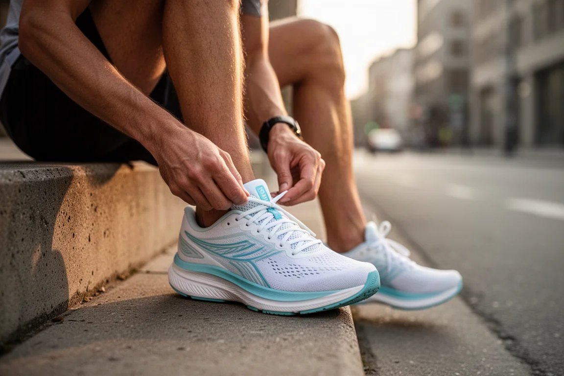 Coureur lacaçant une chaussure de running à stabilité légère sur un trottoir urbain au lever du soleil