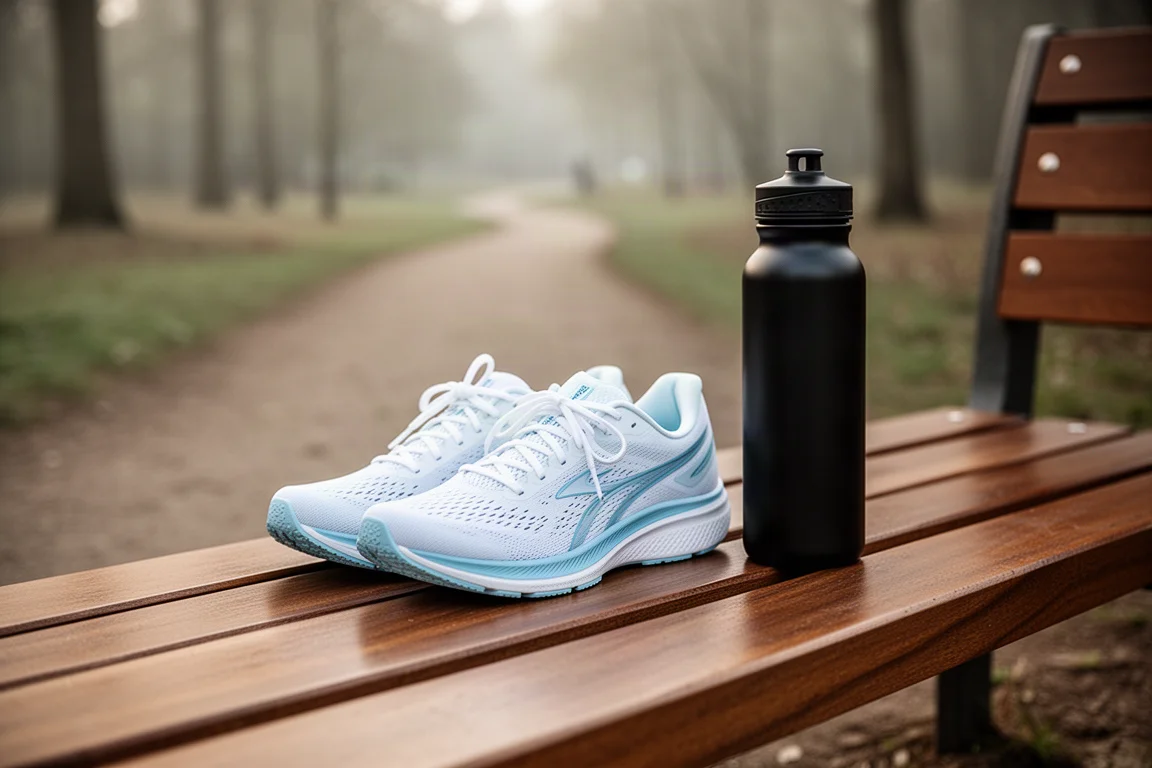 Chaussure d'entraînement quotidienne posée sur un banc en bois à côté d'une gourde