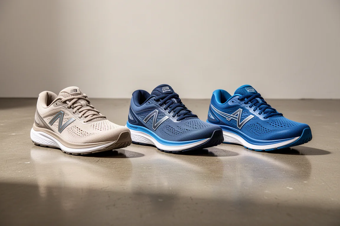 Trois paires de chaussures de running alignées sur un sol en béton dans un décor digne d'un magasin