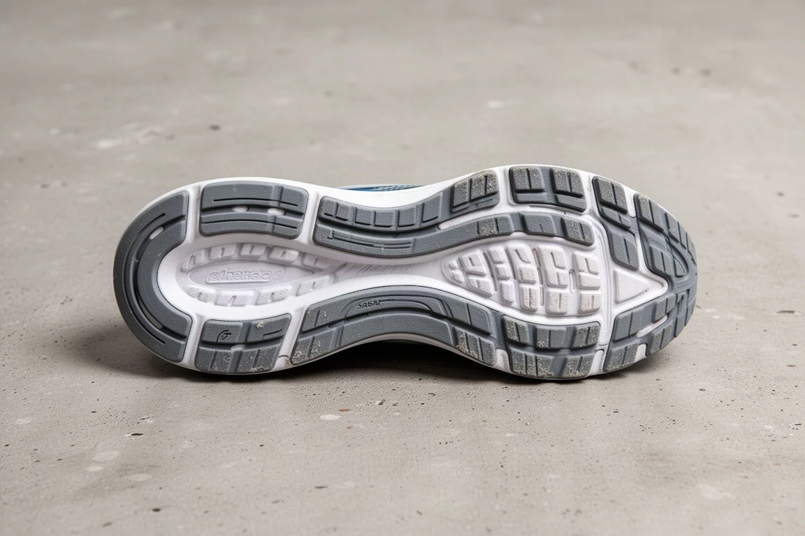 Profiel van de buitenzool van een hardloopschoen met minimale slijtage na langdurig gebruik