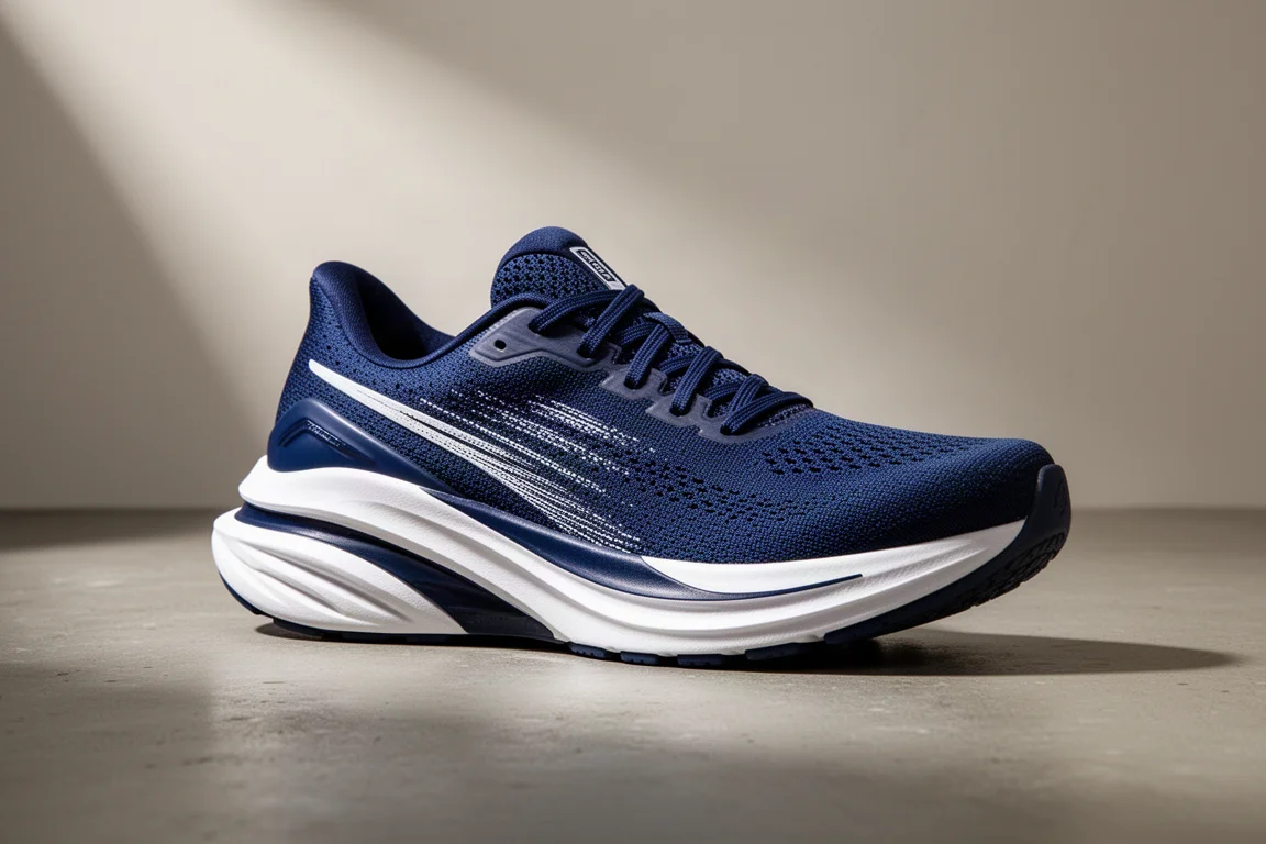 Puma ForeverRun Nitro running shoe in blue and white on a concrete surface