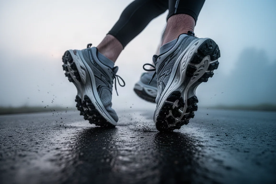 Gros plan sur la semelle intermédiaire d'une chaussure de running montrant une base large et stable avec plusieurs couches de mousse