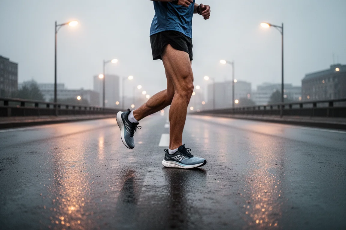 Chaussures de running alignées sur le sol d'un garage pour comparaison