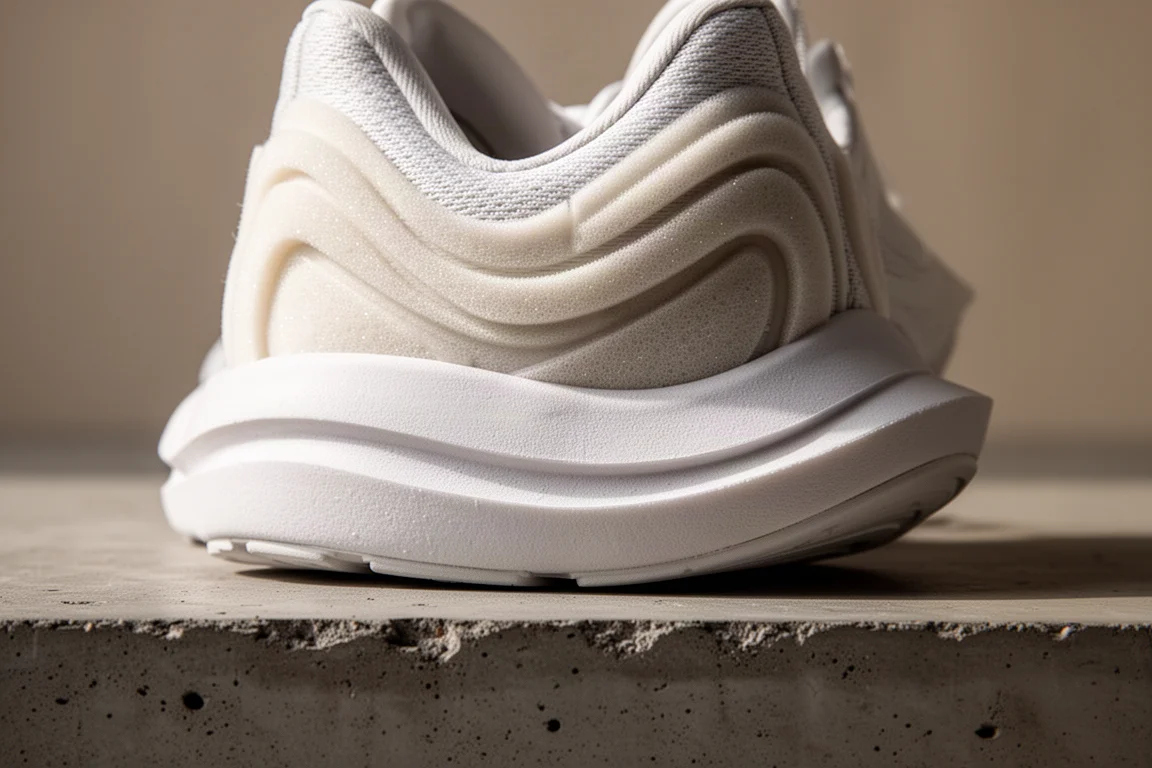 Close-up of a running shoe midsole showing a sculpted heel bevel