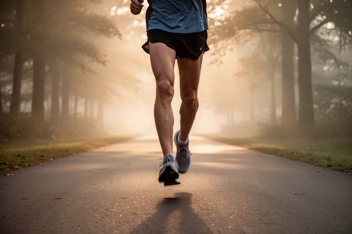 Runner logging easy miles on a quiet paved path at dawn