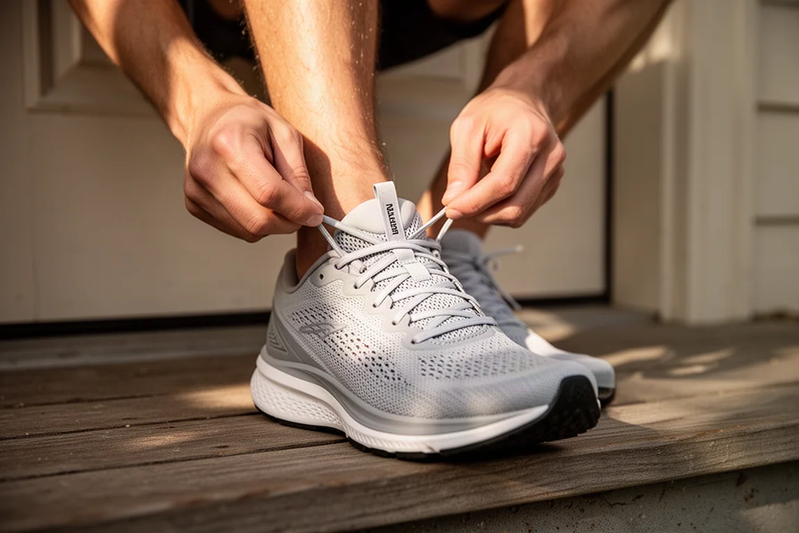 Runner lacing up a running shoe on a doorstep before a long run