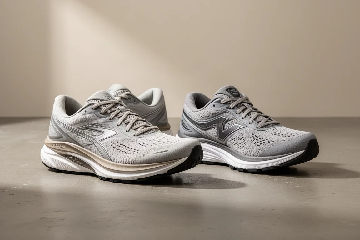 Two Puma guidance shoes side by side on a concrete surface