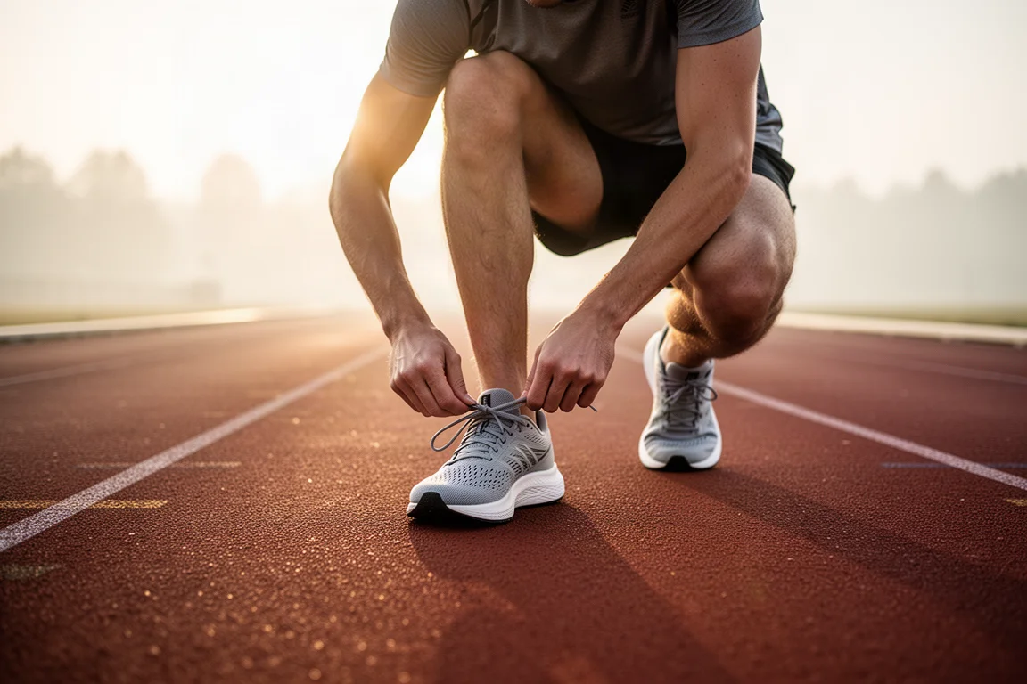Runner lacing up lightweight running shoes on a track at sunrise