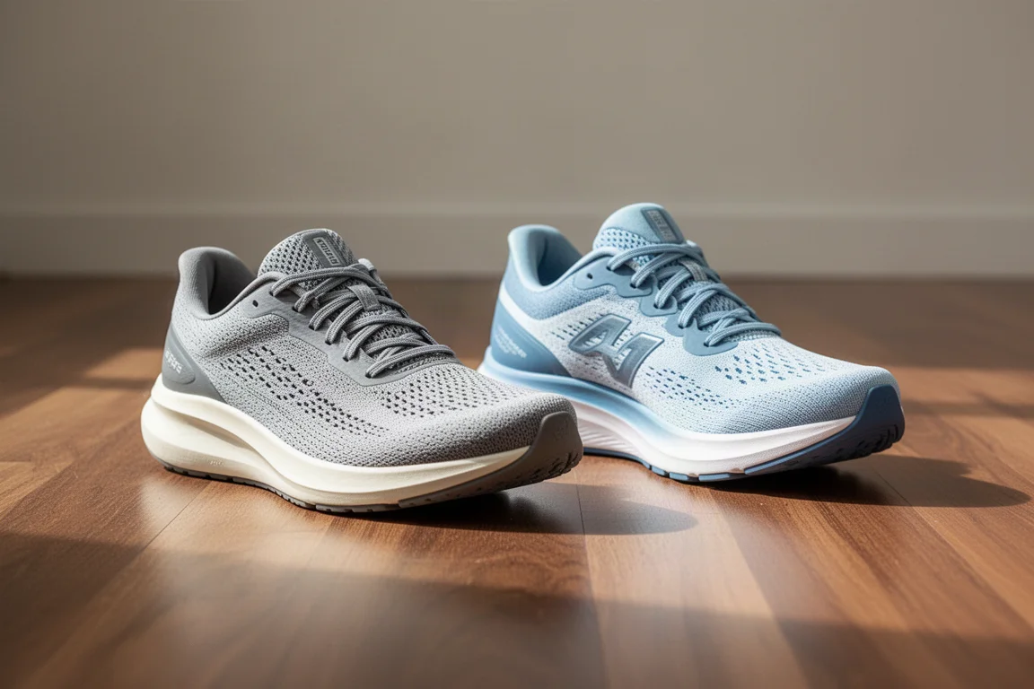 Two lightweight running shoes side by side on a wooden floor