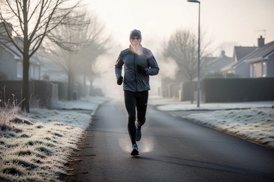 Runner shuffling along a frosty suburban road in soft winter morning light
