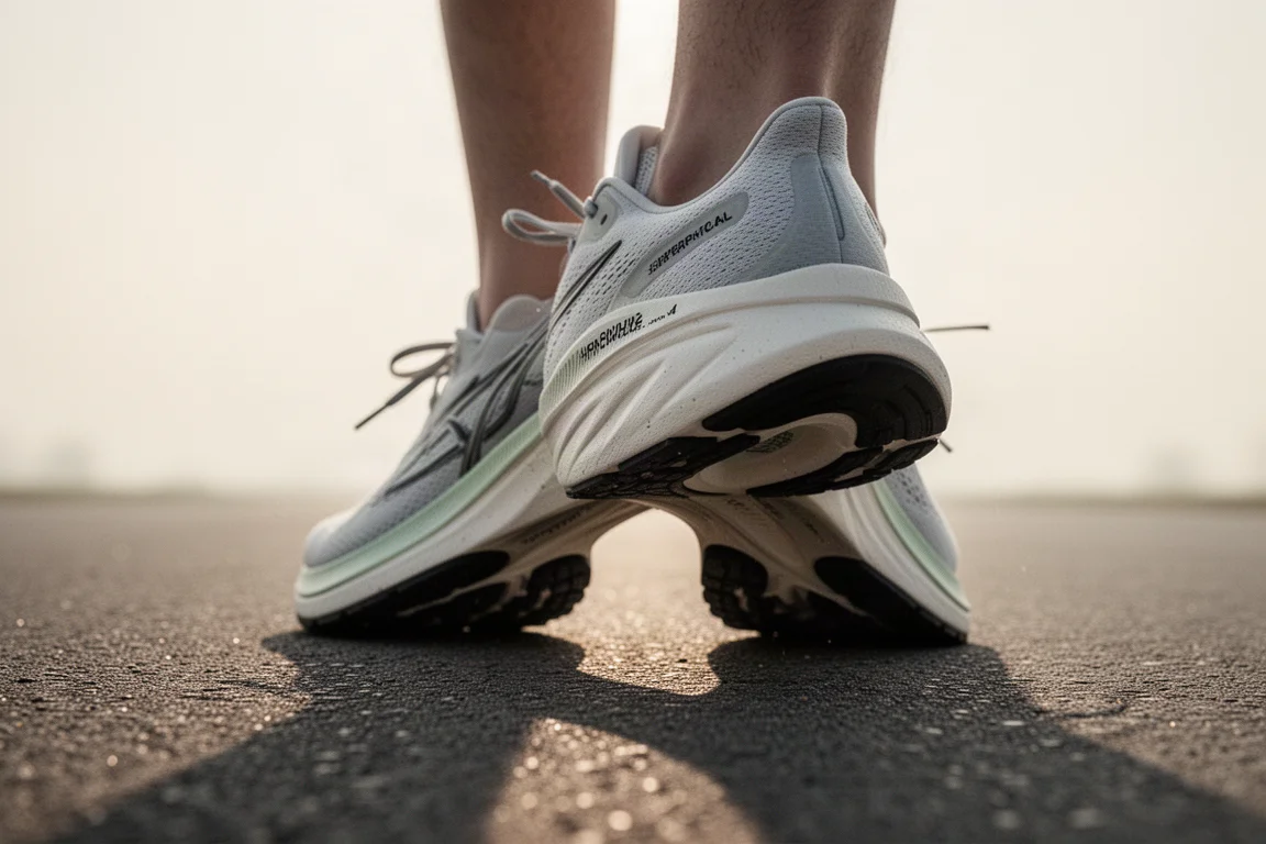 Close-up of a wide, stable running shoe heel contacting the road