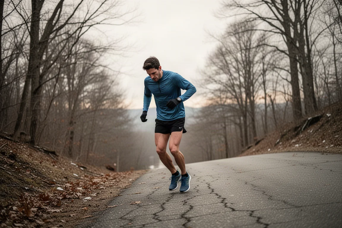 Runner walking down a steep paved hill with sore legs after a hilly race