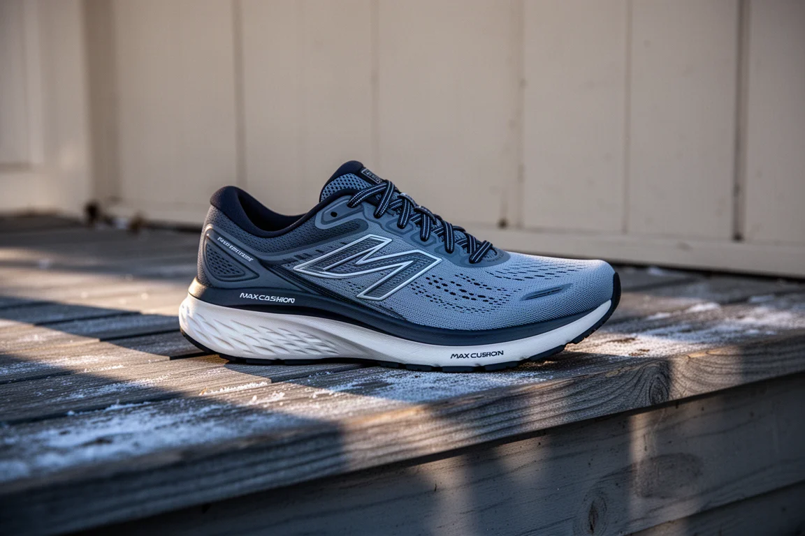 Max cushion running shoe resting on a porch step in fading winter light
