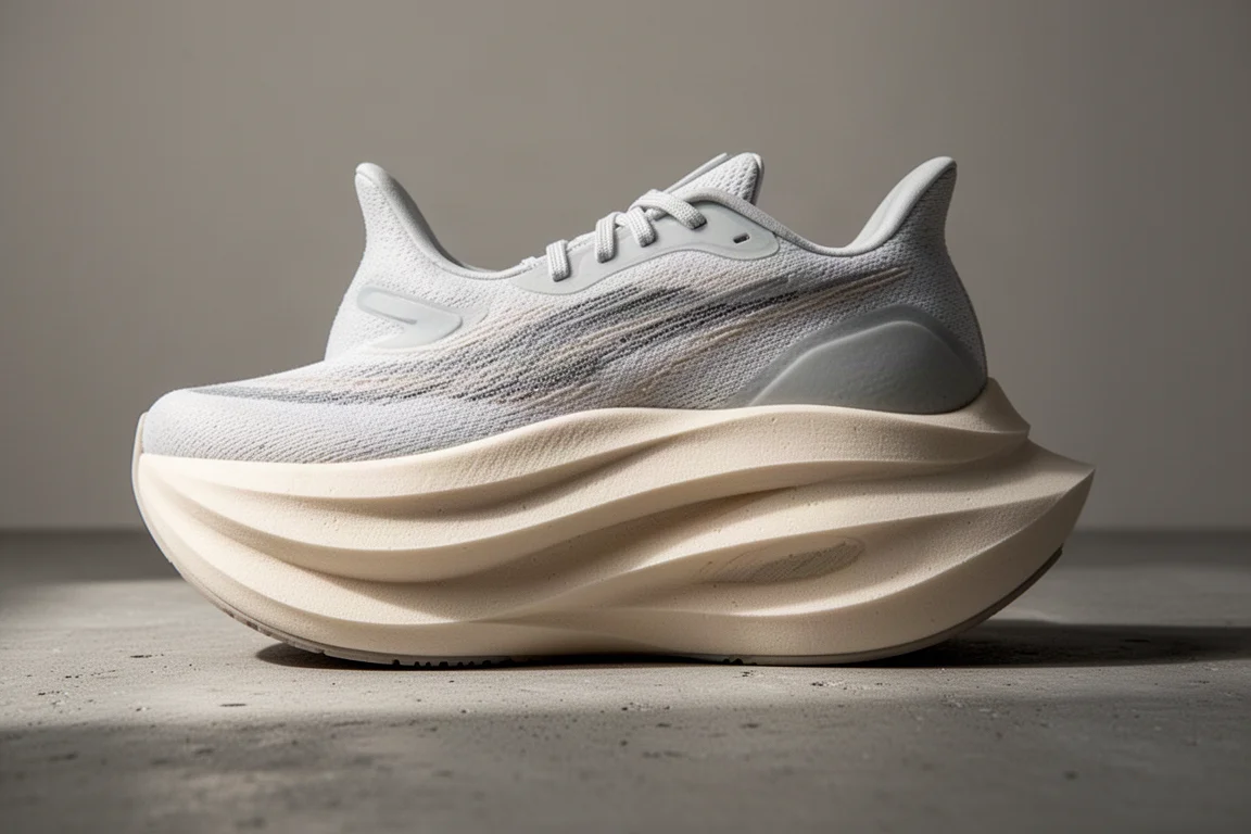 Primer plano de una mediasuela gruesa de espuma tallada en una zapatilla de running
