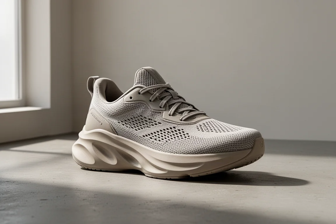 High-stack cushioned running shoe at three-quarter angle on concrete