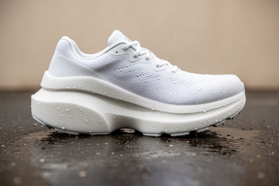 Primer plano de una mediasuela gruesa y ancha de zapatilla de running flexionándose sobre el asfalto
