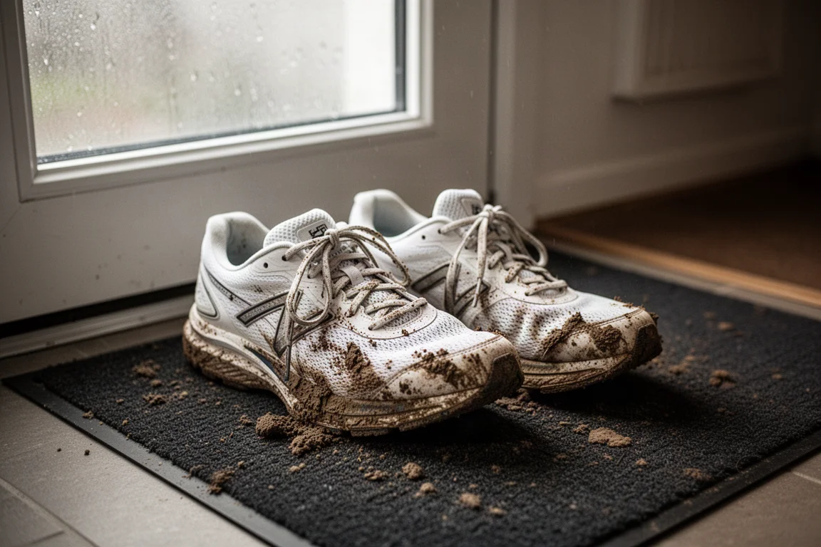 Pila de zapatillas de running secándose junto a una puerta tras una carrera húmeda y sucia