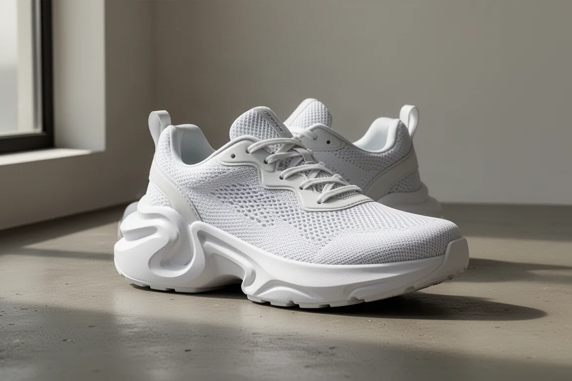 White max cushion running shoe with thick foam midsole on concrete surface