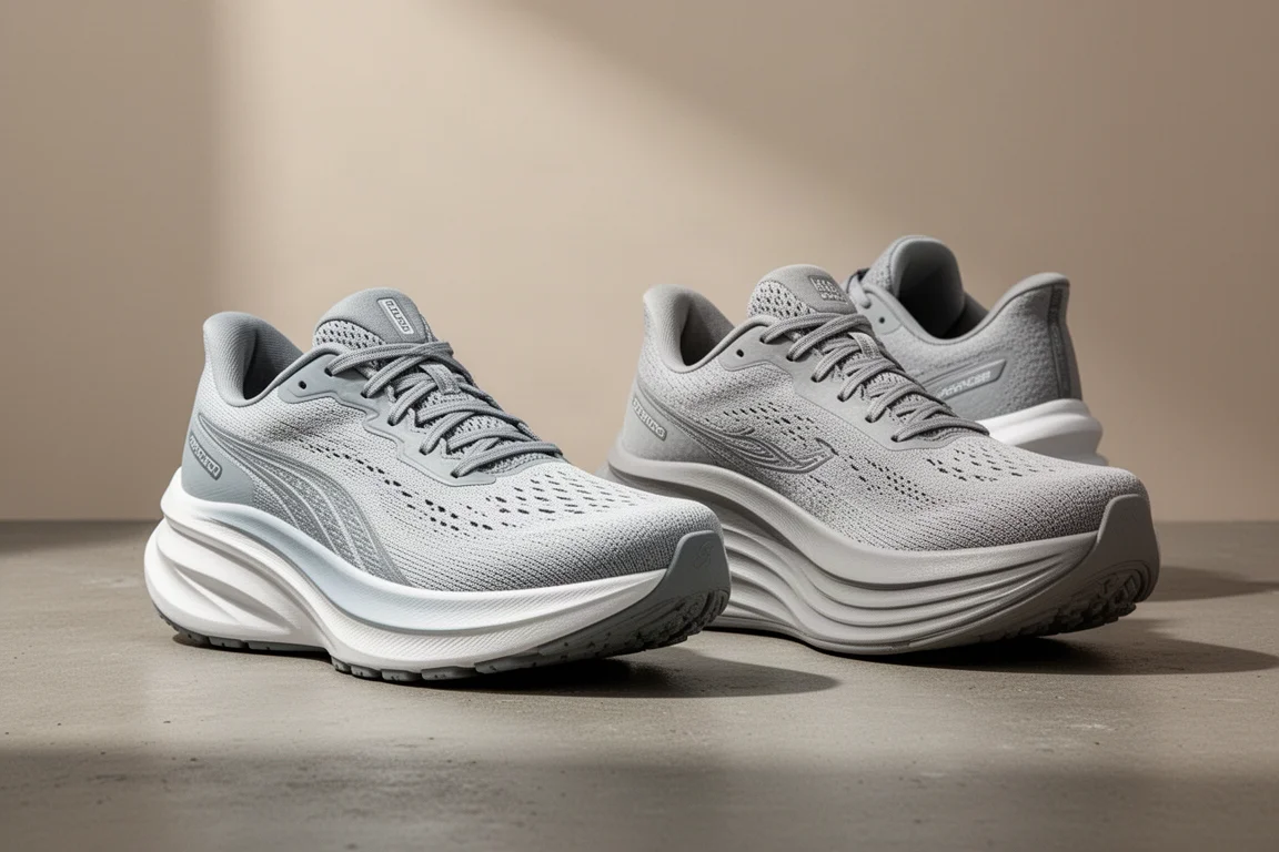 Puma MagMax 2 and Nike Vomero Plus running shoes side by side on concrete