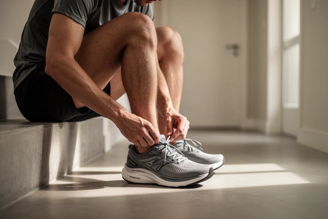 気軽なランの前に、玄関先でクッショニング性の高いランニングシューズの紐を結ぶランナー