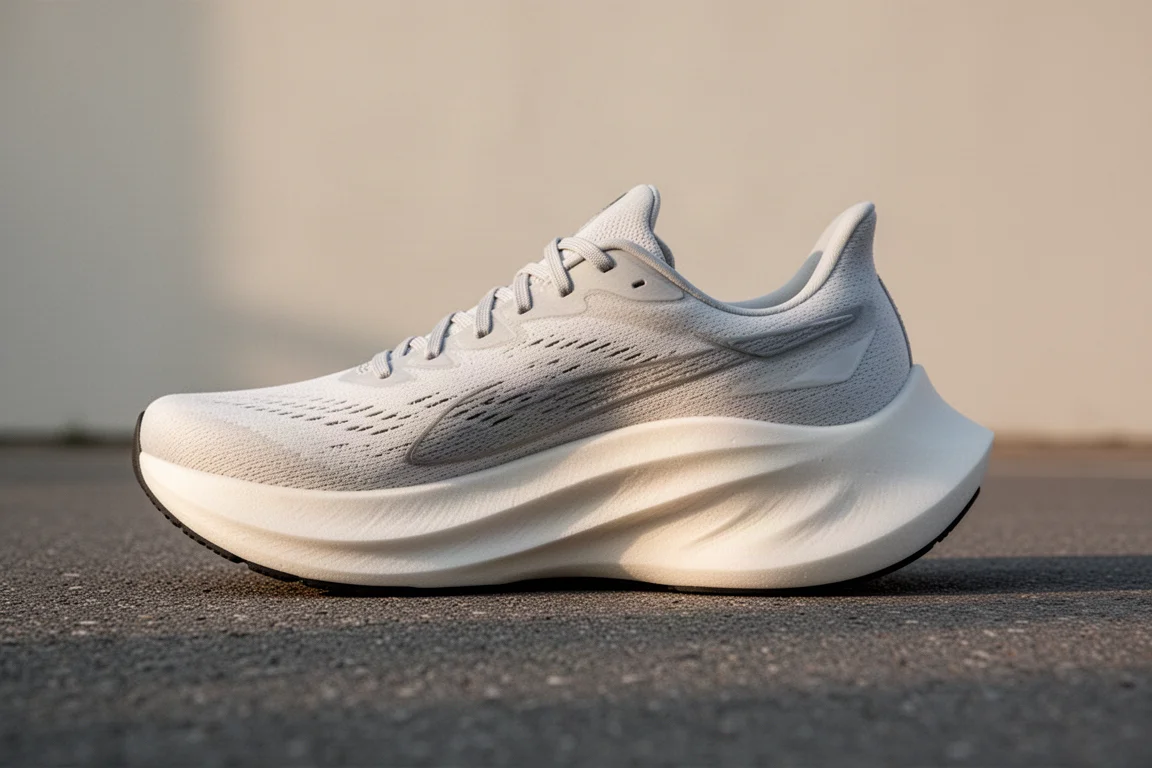 Close-up of a thick max-cushion running shoe midsole on tarmac